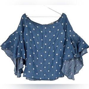 Appraisal Off The Shoulder Top Size S Blue White Polka Dot 3/4 Drape Bell Sleeve